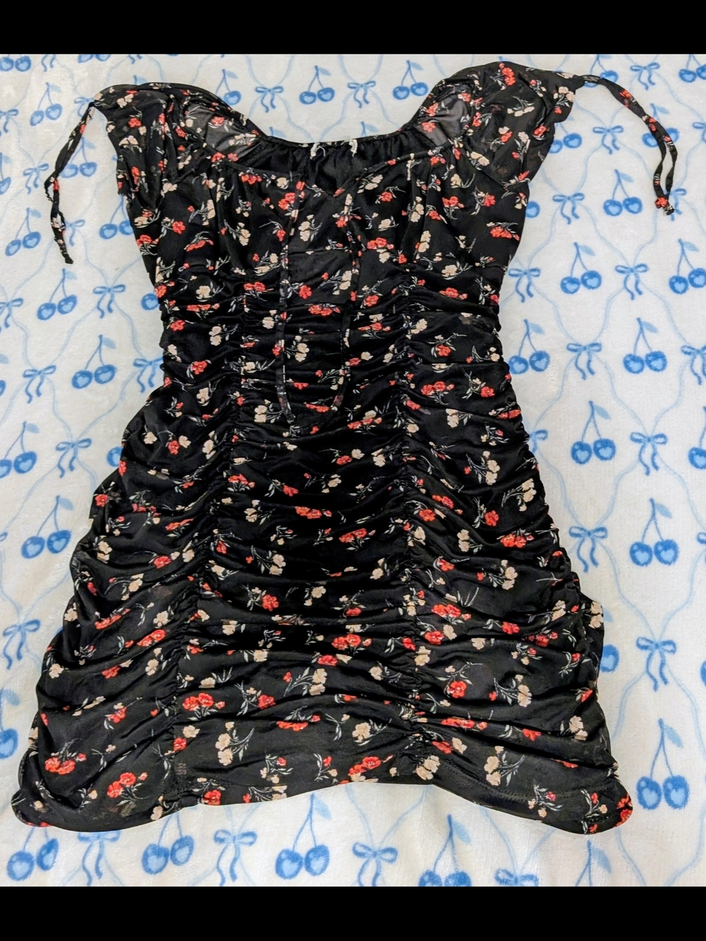 Ultra Flirt Black Floral Ruched Mini Dress